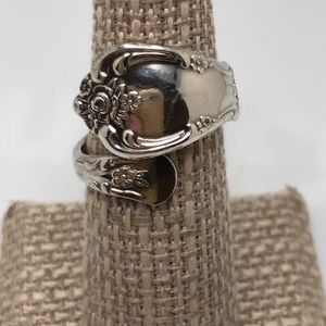 Vintage WMA Rogers Oneida Silver Plated Floral Spoon Wide Band Ring Adjustable